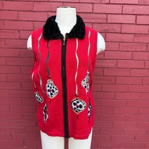 Merry & Bright Christmas Vest Large Red Sweater Knit Ornament Fur Collar Holiday